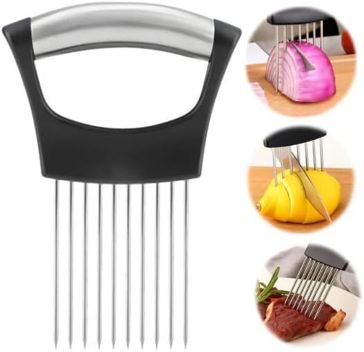 Stainless Steel Onion Holder for Slicing – Vegetable Slicer Guide with Anti-Slip Handle | Tomato, Cucumber & Meat Cutting Tool | Durable Kitchen Gadget for Precise Slicing