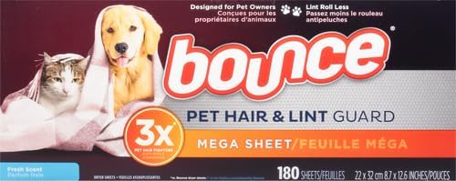 Bounce Pet Hair and Lint Guard Mega Dryer Sheets with 3X Pet Hair Fighters, Fresh Scent, 180 Count