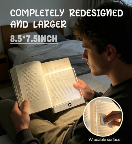 LED Book Light and Night Light, 3 Color Temperatures & Stepless Dimming | Large Eye-Caring Clear Flat, USB Rechargeable, Reading in Bed at Night for Book Lovers, Students (8.4" x 7.3")