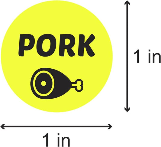 600 Pork Labels, 1" Round Pork Food Labels Meat Deli Pantry Catering Food Truck Grocery Store Menu Meal Choice Sticker Meat Package Stickers, Yellow - 2 Rolls of 300