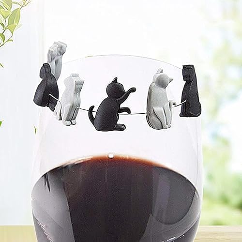 6Pcs Black and White Heat-Resistant Silicone Tea Bag Clips Set - Cartoon Cat-Shaped Reusable Holders for Drinks, Food Markers, Squeezer, and Accessories