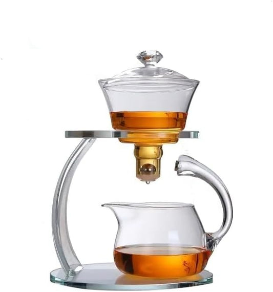 Glass Teapot Set Semi Automatic Drip Rotating with Infuser Chinese Heat-Resistant Lazy Kungfu Tea Set with 6pcs Teacups (Clear)