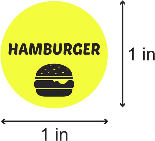 Hamburger Stickers, 1" Round, Yellow, 600 Count | 2 Rolls of 300, Food Labels, Meat Package Labeling, Deli Pantry Catering, Food Truck Grocery Store