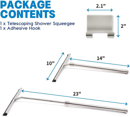 Shower Squeegee with Long Handle and Adhesive Hook. for Glass Doors, Tile Walls, Mirrors and Windows. Telescoping Squeegee for Cleaning. Bathroom Stainless Steel Squeegee, 10inch Wide, Chrome – 1pk