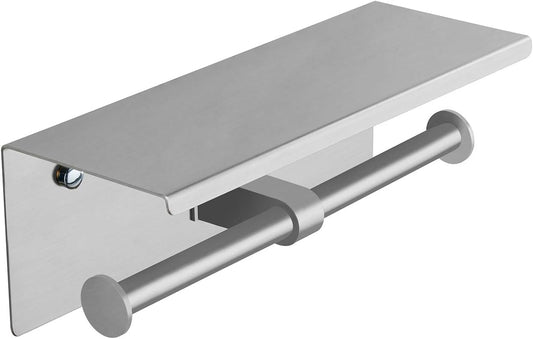 BGL Toilet Paper Holder with Shelf Matte Black, 304 Stainless Steel Wall Mount Toilet Tissue Roll Holder with Double Post for Bathroom, Commercial Toilet Paper Dispenser with Phone Shelf