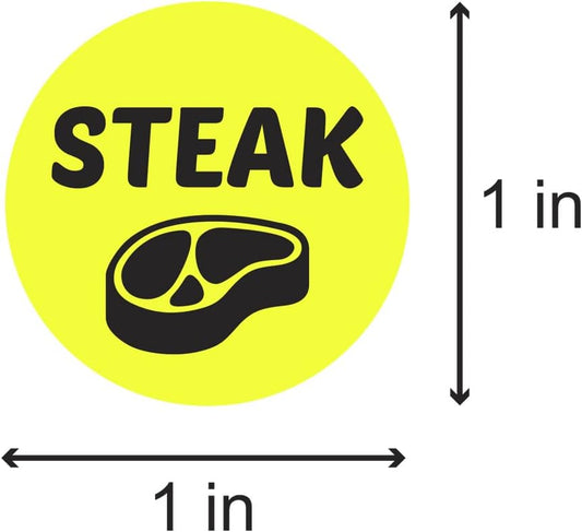 Steak Stickers, 1" Round, Yellow, 600 Labels | Food Labels, Menu Meal Choice, Deli Pantry Catering, 2 Rolls of 300