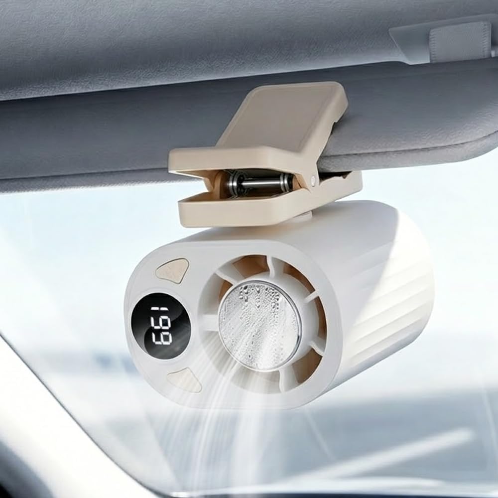 2026 New Car Clip On Air Conditioner Fan, Portable Clip On Cooling Fan with 360° Rotation, Rechargeable Fan for Bed, Umbrella and Car Visor & Roof Handles (White)