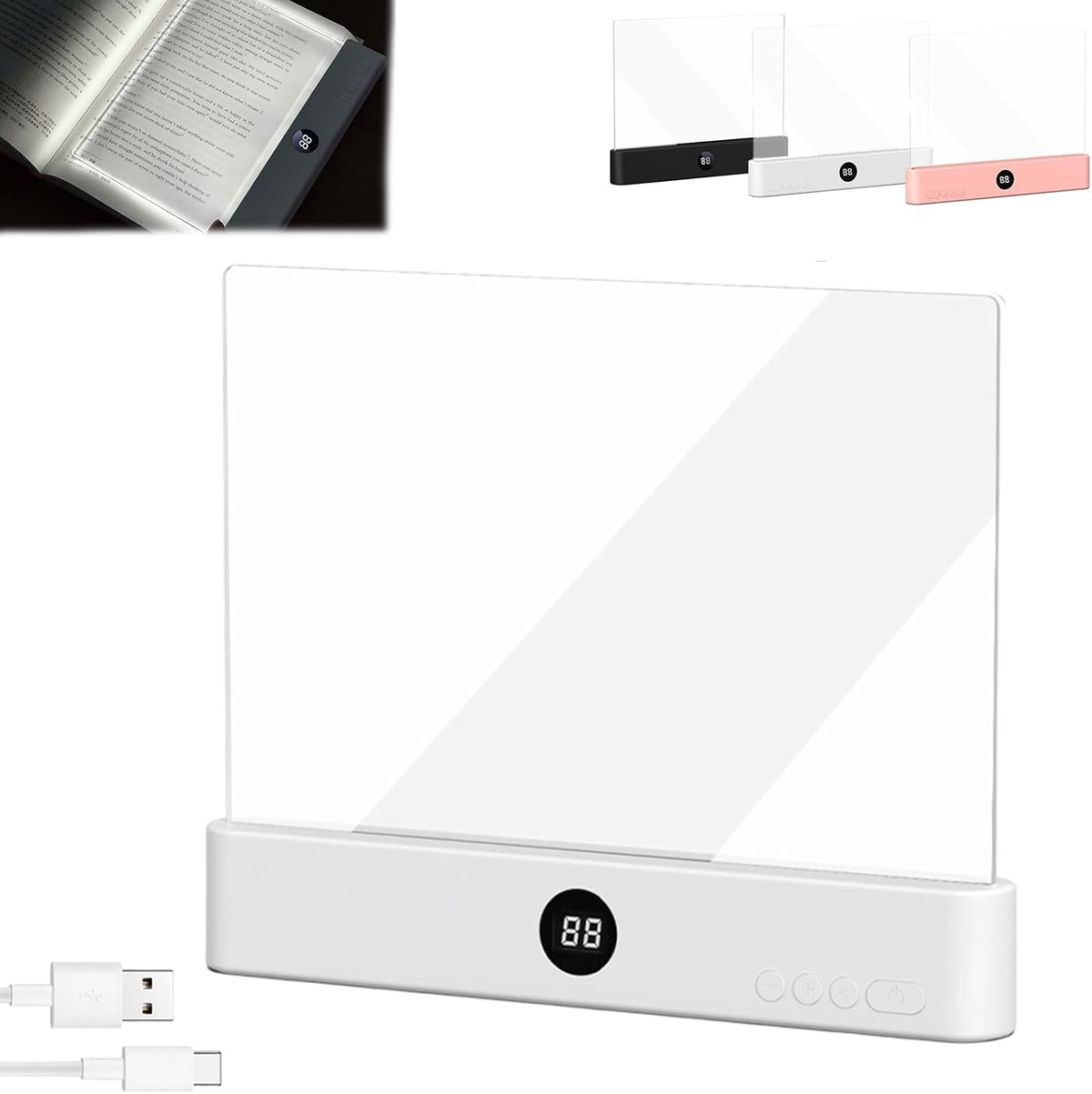 LED Reading Light, Rechargeable Clear Flat Book Light with 3 Colors & Timer, Dimmable Book Lights for Reading at Night, Doodleable Panel Plate Lamp Full Page Lights, for Book Lovers (Pink)