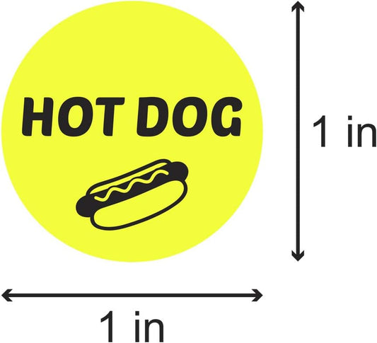 Hot Dog Stickers, 1" Round, Yellow, 600 Count | Food Labels, Menu Meal Choice, Deli Pantry Catering, Food Truck Grocery Store, 2 Packs of 300