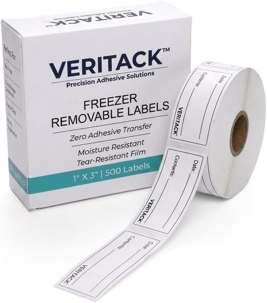 Veritack™ 1000 Removable Food Labels for Containers, 1" x 2", Freezer & Refrigerator Date Stickers, Easy to Write, No Residue, Meal Prep & Restaurant Use