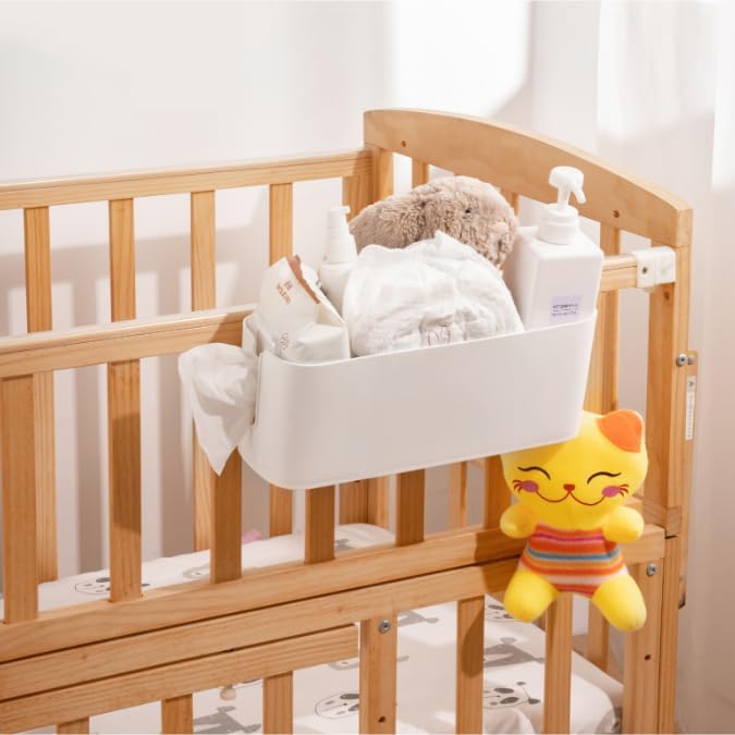 Bedside Hanging Caddy Hanging Storage Shelf Organizer Bed Organizer Basket Accessories with 2 Hooks for Baby Bed Rails Shelves Holder Dormitory College Dorm Room (White)