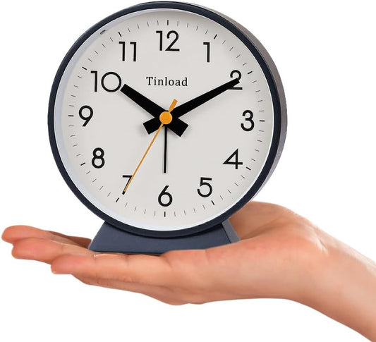 Tinload 4.5" Battery Operated Analog Alarm Clock, Small Silent Bedside Desk Clock with Night Light, Blue