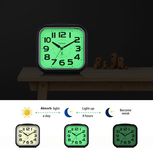 Tinload 5.5" Large Analog Alarm Clock Silent Non Ticking, Glow in Dark dial, Gentle Wake, Beep Sounds, Increasing Volume, Battery Operated Snooze and Manual Light, Easy Set (Best for Elder)