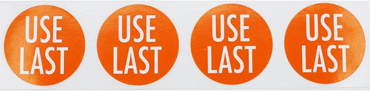 Orange with White USE Last Stickers 1.5 Inch Round Circle Dots 500 Adhesive Labels On A Roll for FIFO Inventory Rotation Stock Management and Food Prep Organization Made in the USA