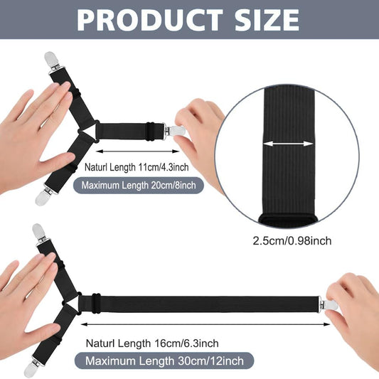 Bed Sheet Holder Straps, Upgrade Non Slip Sheet Clips, Fitted Sheet Holders for Corners, Easy Install Adjustable Elastic Firm Tight Accessories /Set Black