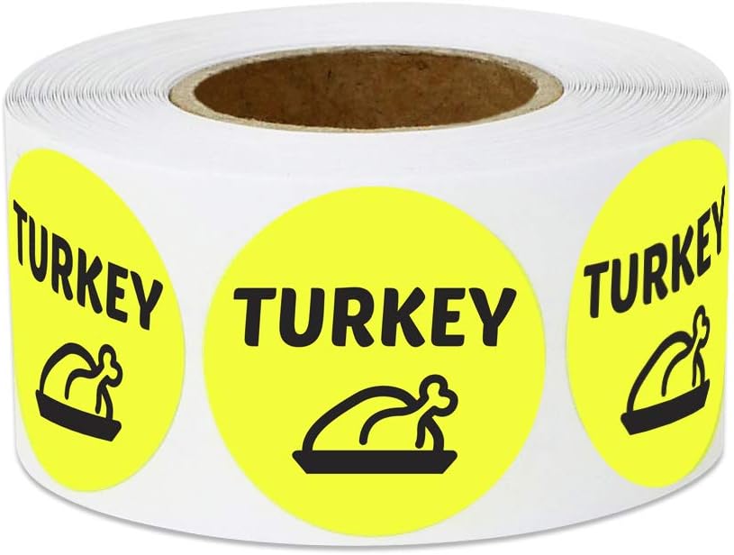 600 Turkey Stickers Labels, 1" Round Turkey Food Menu Meal Choice Deli Pantry Catering Food Truck Grocery Store Meat Stickers Package Labeling, Yellow - 2 Rolls of 300