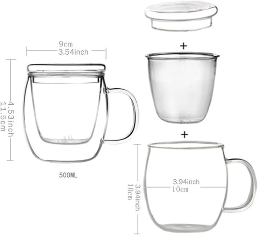 Glass Tea Cup with Infuser and Lid, 17 oz Clear Loose Leaf Tea Infuser Mug | Borosilicate Glass Tea Infuser for Black Tea, Teacup or Tea Steeper with Strainer for Brewing, Gift for Women and Tea Lovers