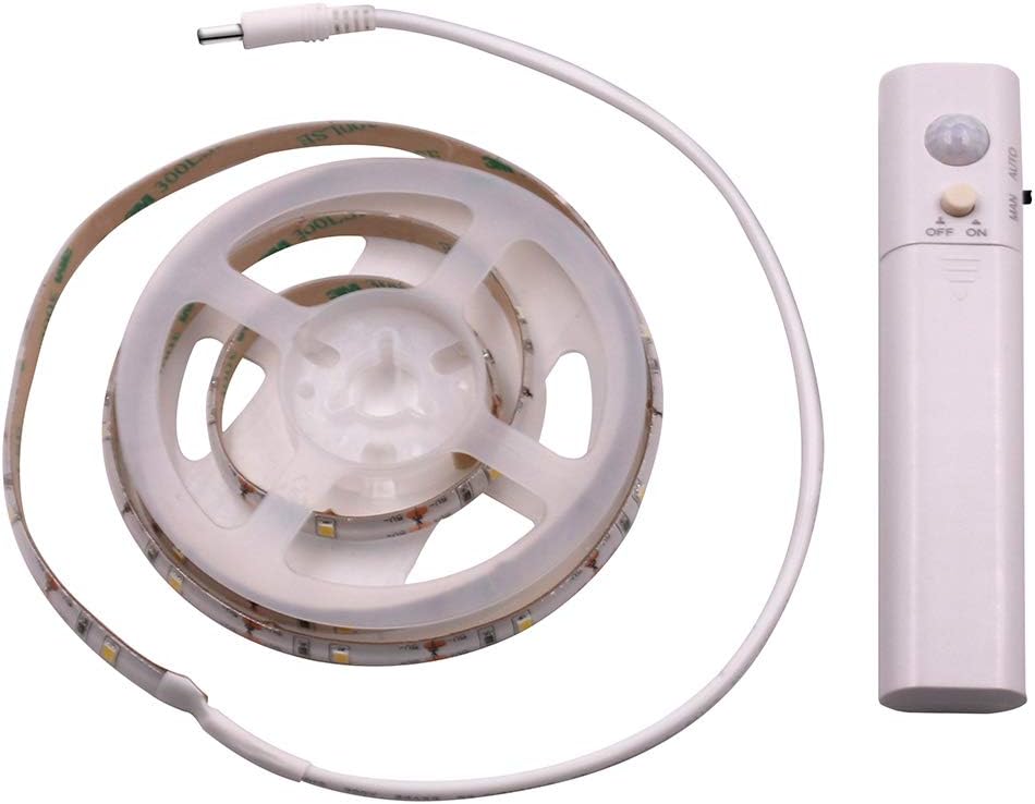 3.3Ft PIR Motion Sensor LED Cabinet Lights, Waterproof Battery Powered DC 5V 3528 Strip Tape Under Bed lamp Light for Closet Wardrobe Stairs Hallway(White)