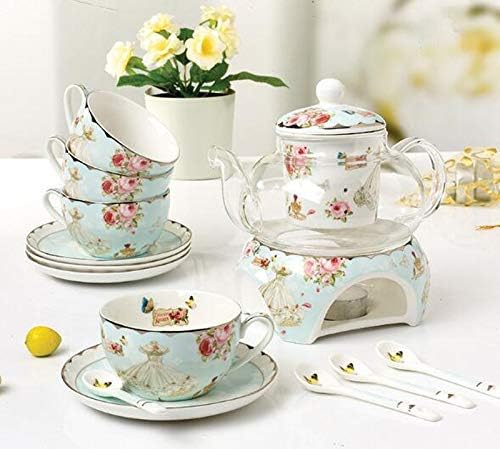 YBKTEX Glass Teapot with Ceramic Warmer- Butterflies Pattern (Pink)