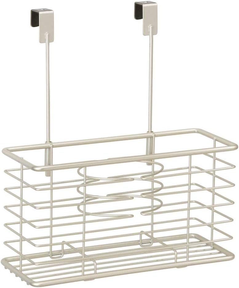 mDesign Steel Over Cabinet/Door Hair Dryer Holder Storage, Hair Styling Tool Organizer Basket for Bathroom - Blow Dryer, Flat Iron, Curling Wand, Straightener, Linelle Collection - Satin