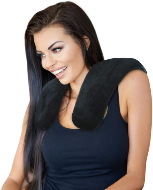 FOMI Moist Heat Shoulder and Neck Wrap | Weighted, Lavender Scented Hot Contour Pad for Stiff Neck, Upper Back Pain Relief, Relaxation | Microwavable | Soft, Washable Cover | Natural Clay Bead Filling
