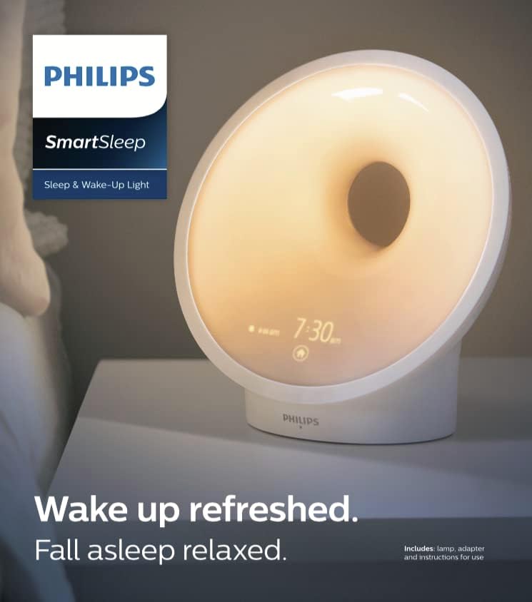 PHILIPS SmartSleep Sleep and Wake-Up Light, Simulated Sunrise and Sunset, Multiple Lights and Sounds, RelaxBreathe to Sleep, HF3650/60