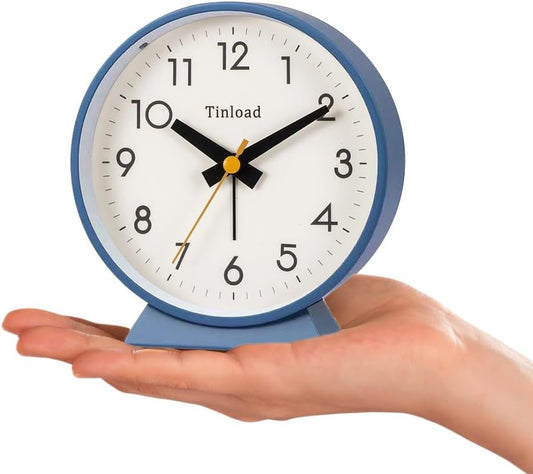 Tinload 4.5" Battery Operated Analog Alarm Clock, Small Silent Bedside Desk Clock with Night Light, Blue