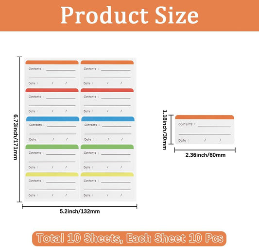 100Pcs Removable Food Storage Labels Paper Self Adhesive Stickers Colorful Refrigerator Freezer Labels 2.36x1.18 Inch Waterproof Rectangle Decals with Contents Date Easy Clean