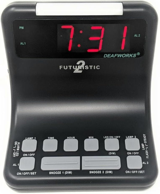 Futuristic 2 Silent Alarm Clock with Bright Flashing LED Lights for Deaf, Hard of Hearing, Heavy Sleepers | Dual Alarms, Built-in USB Chargers | Wake Up Gently