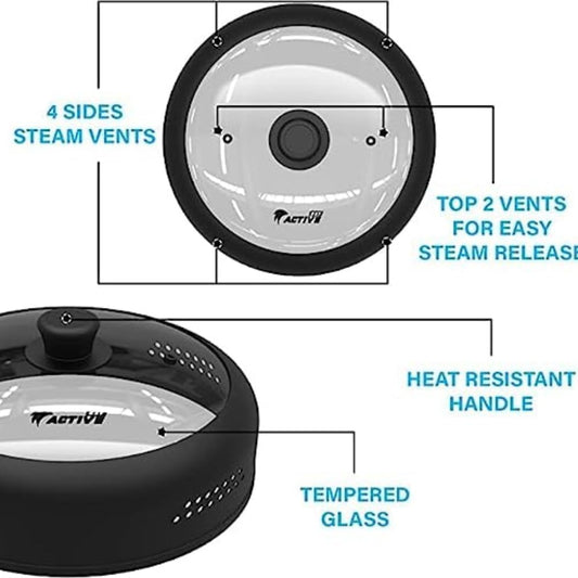 Microwave Cover for Food, Silicone and Glass Splatter Guard Lid for 6–7–8–9-10-11-12 inch Plates & Bowls. By EZY ACTIVE.