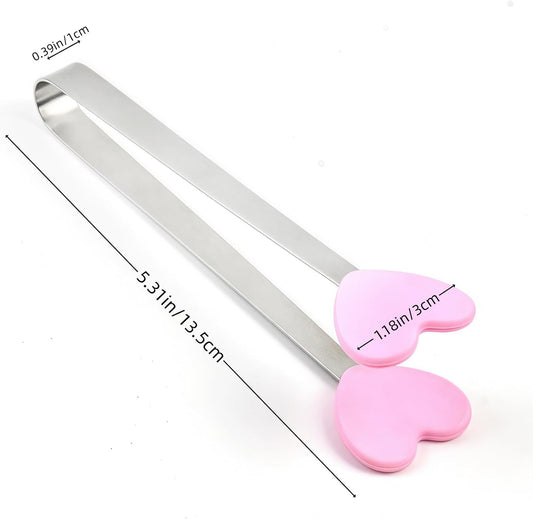 8PCS Mini Food Tongs, Small Stainless Steel Tongs with Silicone Tips, for Ice Cube, fruits, Sugar, Barbecue, 5.3 inch๏ผ8 Colors (Heart shape)
