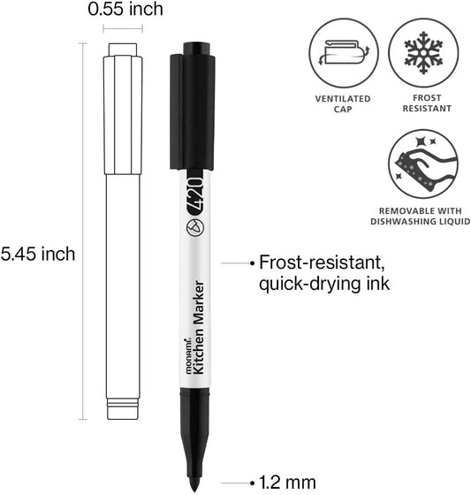 MONAMI Kitchen Marker 420, Fine Tip (1.2mm), Permanent Marker for Plastic Freezer Bags, Food Storage Containers, Ziploc, Erasable with Dish Detergent, Black, 1pc