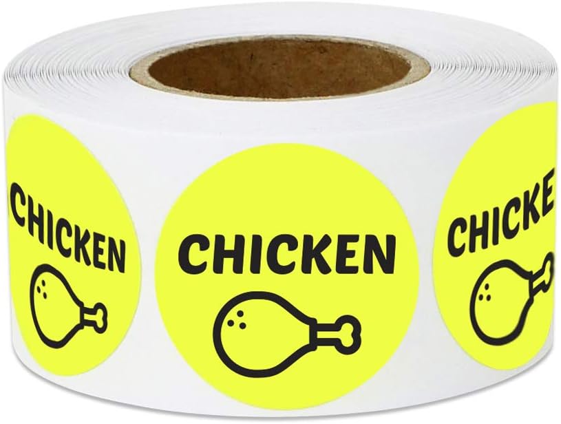 600 Chicken Stickers, 1 Inch Round Chicken Food Labels Meat Stickers Deli Pantry Catering Food Truck Grocery Store Menu Meal Choice Sticker Meat Package Food Labeling, Yellow - 2 Rolls of 300 Labels