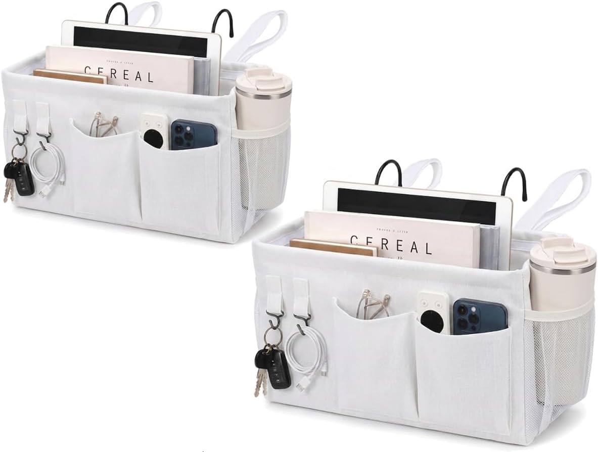 1pc Bedside Caddy Organizer with Hooks, No-Sagging Canvas Hanging Bed Pocket with Water Bottle Holder, Bedside Storage for Dorm Room Essentials, Bunk Bed Accessories, Hospital Bed Rails & Crib (pink)