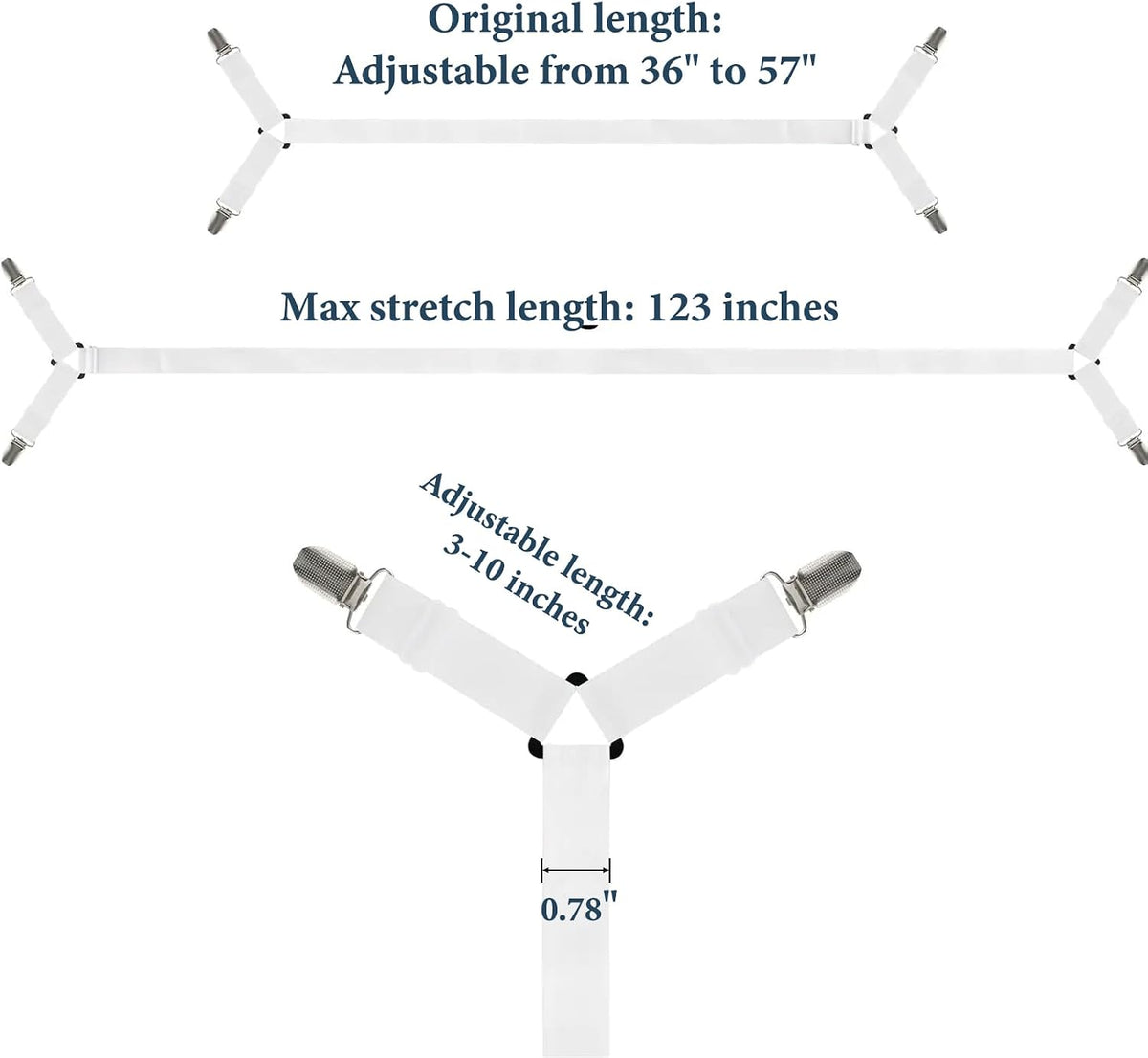 Consss Bed Sheet Straps, Adjustable Durable Bed Sheet Holder Straps with Metal Clips, Elastic Sheet Holders Keep Sheets Firm & Tight 2PCS White