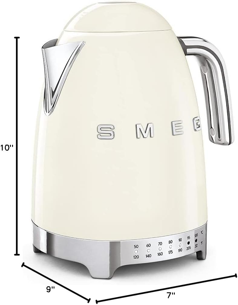 SMEG Variable Temperature Electric Kettle 1.7L (7 Cup), Stainless Steel Tea & Coffee Kettle, Fast Boil, Adjustable Temp 122°F–212°F, Keep Warm, Auto Shut-Off, 360° Base, Retro Style-Cream
