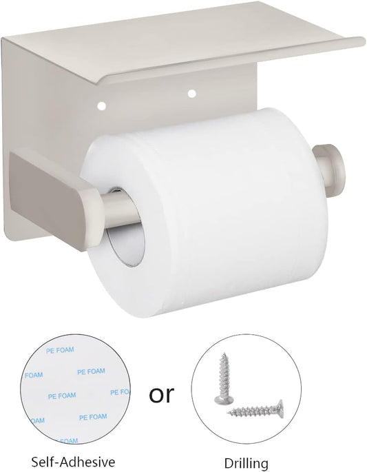 VAEHOLD Self Adhesive Toilet Paper Holder with Phone Shelf Stainless Steel Wall Mounted Toilet Paper Roll Holder - Rustproof and Bathroom Washroom Tissue Roll Holder with Shelf - Black