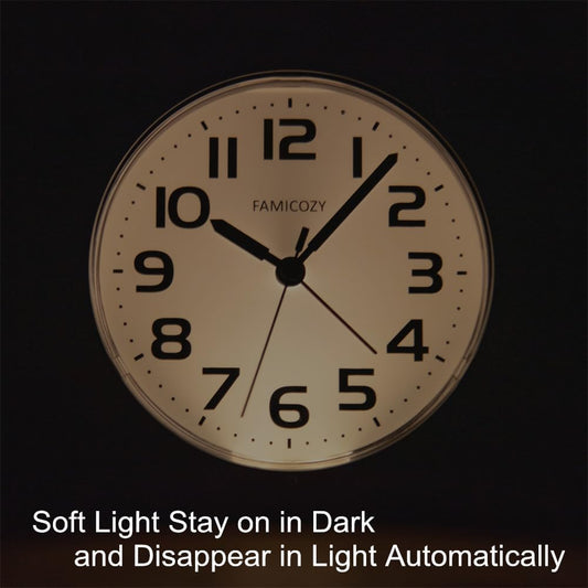 FAMICOZY Automatically Backlighted Alarm Clock,Silent No Ticking for Seniors Vision Impaired,Easy to Set,Big Numbers,Ascending Alarm,Gentle Wake,Snooze,2 AA Battery Operated,Black