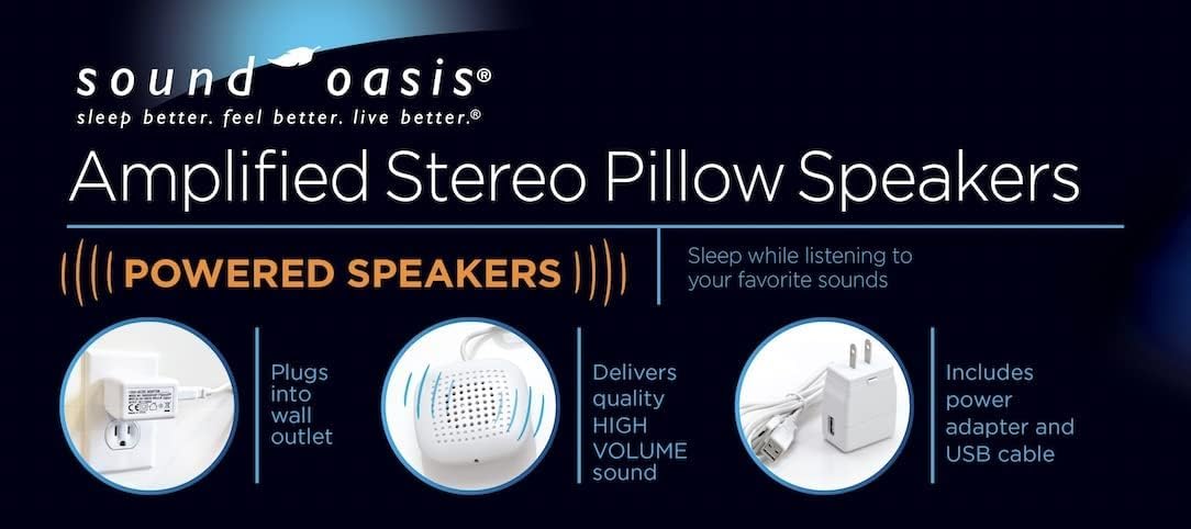 Sound Oasis Amplified Pillow Speakers – 2 Ultra-Thin Under Pillow Hi-Fi Stereo Speakers with Volume Control, Private Sleep Audio for Music, White Noise, Relaxation & Tinnitus Masking, 3.5mm Connection
