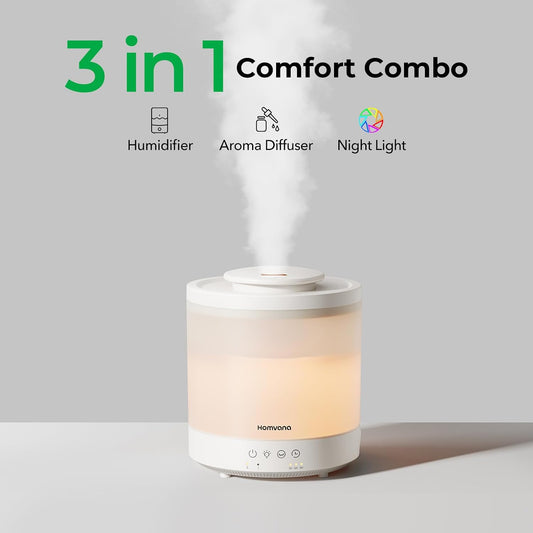 Homvana 1.5L Humidifier, Quiet 28dB, 7 Night Lights, Aroma Diffuser | 1.5L + 28dB Top-Fill Ultrasonic BPA-Free Humidifier with 30H Runtime for Bedroom, Baby, Plants, Office