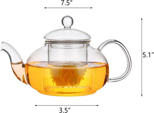 Glass Teapot Stovetop Safe-Clear Teapot with Removable Infuser-Loose Leaf and Blooming Tea Maker (20.3oz)