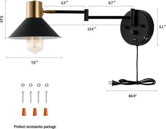 Swing Arm Wall Lamp Plug in Wall Sconces Adjustable Vintage Industrial Reading Light Bedside Wall Mount Light with Dimmable Switch and USB Port Black