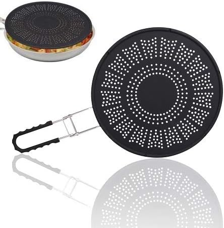 XL 11.5" Silicone Splatter Screen Shield- Multi Use Cover w Foldable Handle | Features Built in Water Strainer, Protect from Oil, Grease with Shield Guard- Fits Most Kitchen Frying Pans, Heat Resistant