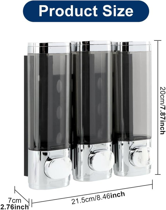 Shampoo and Conditioner Dispenser 3 Chamber No Drill Shower Soap Dispenser Wall Mounted, Shampoo Dispenser for Shower Wall Body Wash Dispenser for Bathroom Toilet Hotel Kitchen