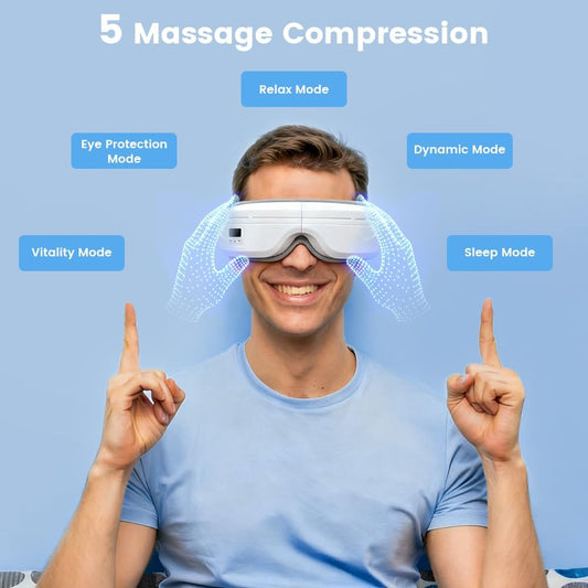 Eye Massager with Heat, Foldable Massaging Eye Mask with Five Massage Modes, Rechargeable Bluetooth Music Sleep Mask for Dry Eyes Relax, Reduce Strain, White