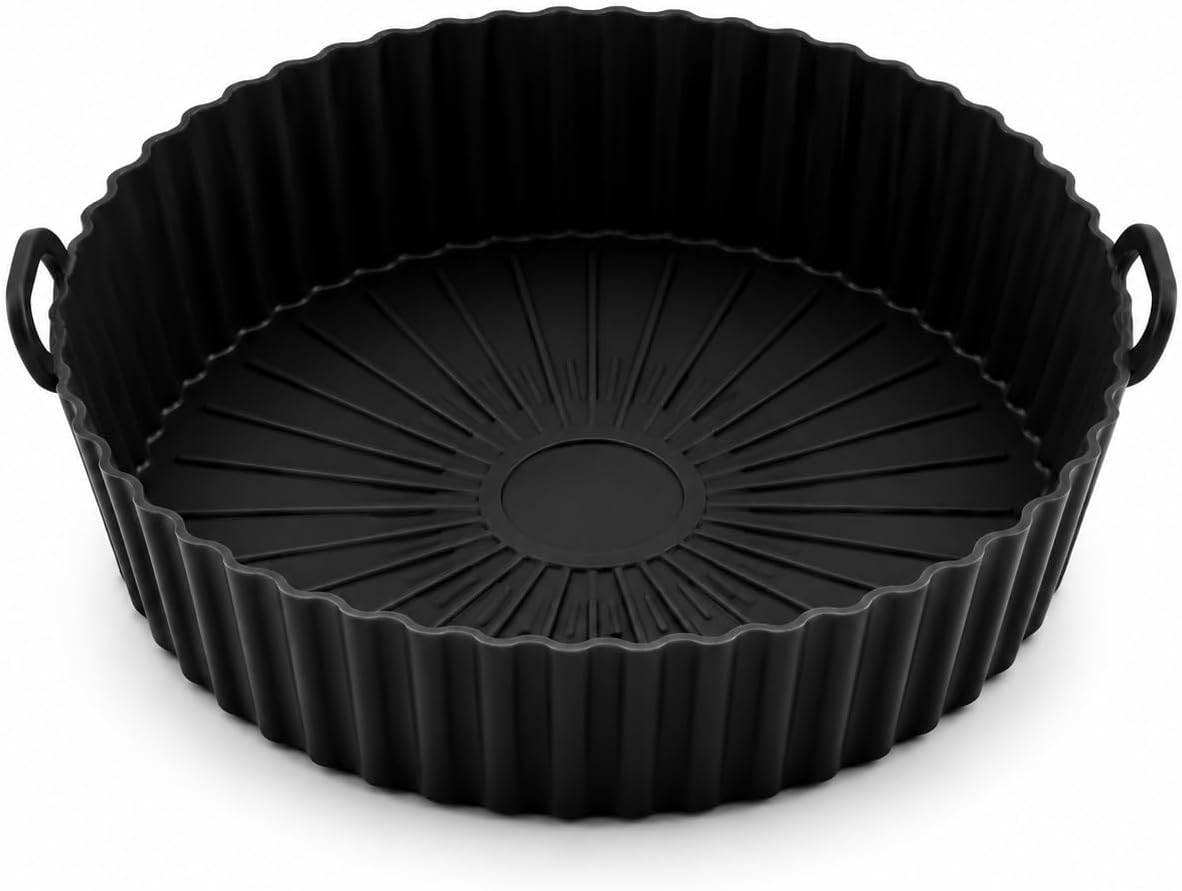 Reusable Silicone Air Fryer Liner, Non-Stick Basket Liner, BPA Free Food Grade Silicone, Dishwasher Safe, Heat Resistant up to 450°F, Fits Most Air Fryers, 8 Inch, Black