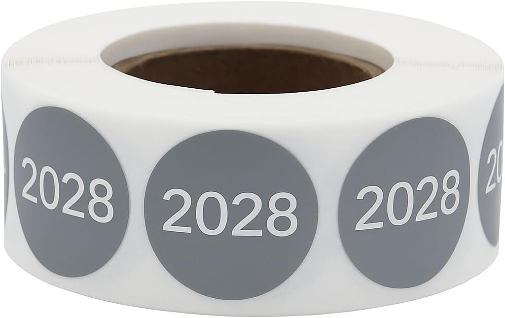 2028 Year Stickers – Gray with White Text 0.75 Inch Round Labels, 500 Total Adhesive Stickers Per Roll for Inventory, Rotation, Dating, and Filing – Made in the USA