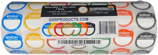 QSRProducts Removable Day Label - 1 inch - Peel Tab - Week (Mon-Sun) (7000 Stickers) - Food and Restaurant Day Dots - FIFO - Inventory Management Labels - Meal Prep Stickers - Gift Tags