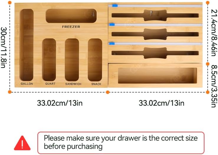 LDQ 9-in-1 Shatterproof Square Bamboo Storage Box - Aluminum Foil Dispensr with Cutter, Reusable Quarter Multi-Functional Sealed Bag Organizer for Kitchen Drawers, Walls, and Cabinetse