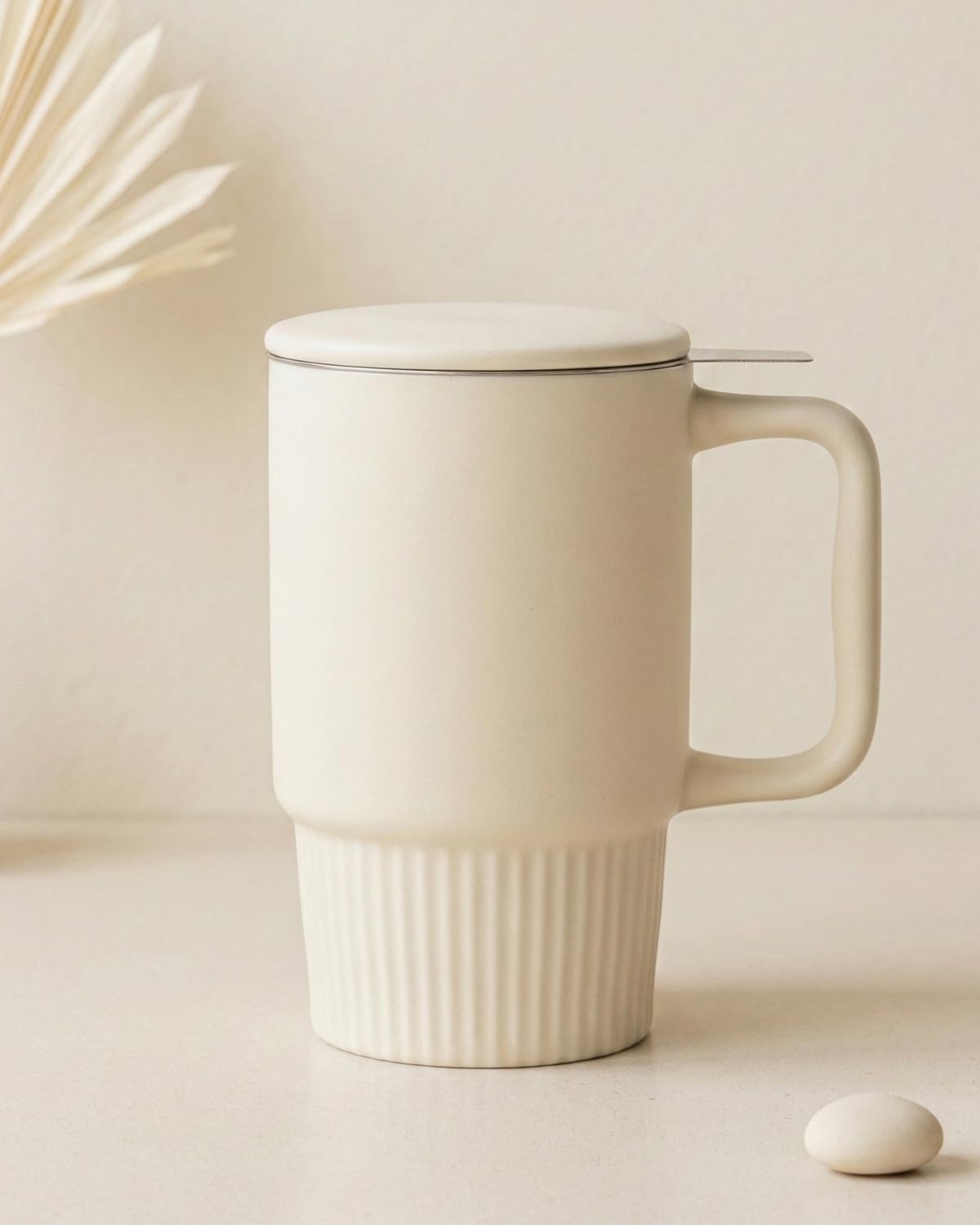 Ceramic Tea Mug with Stainless Steel Infuser and Lid, Ribbed Loose Leaf Tea Cup, Comfort-Grip Curved Handle, Minimalist Aesthetic Coffee Mug for Home Office, 20oz (Matte Buttercream)